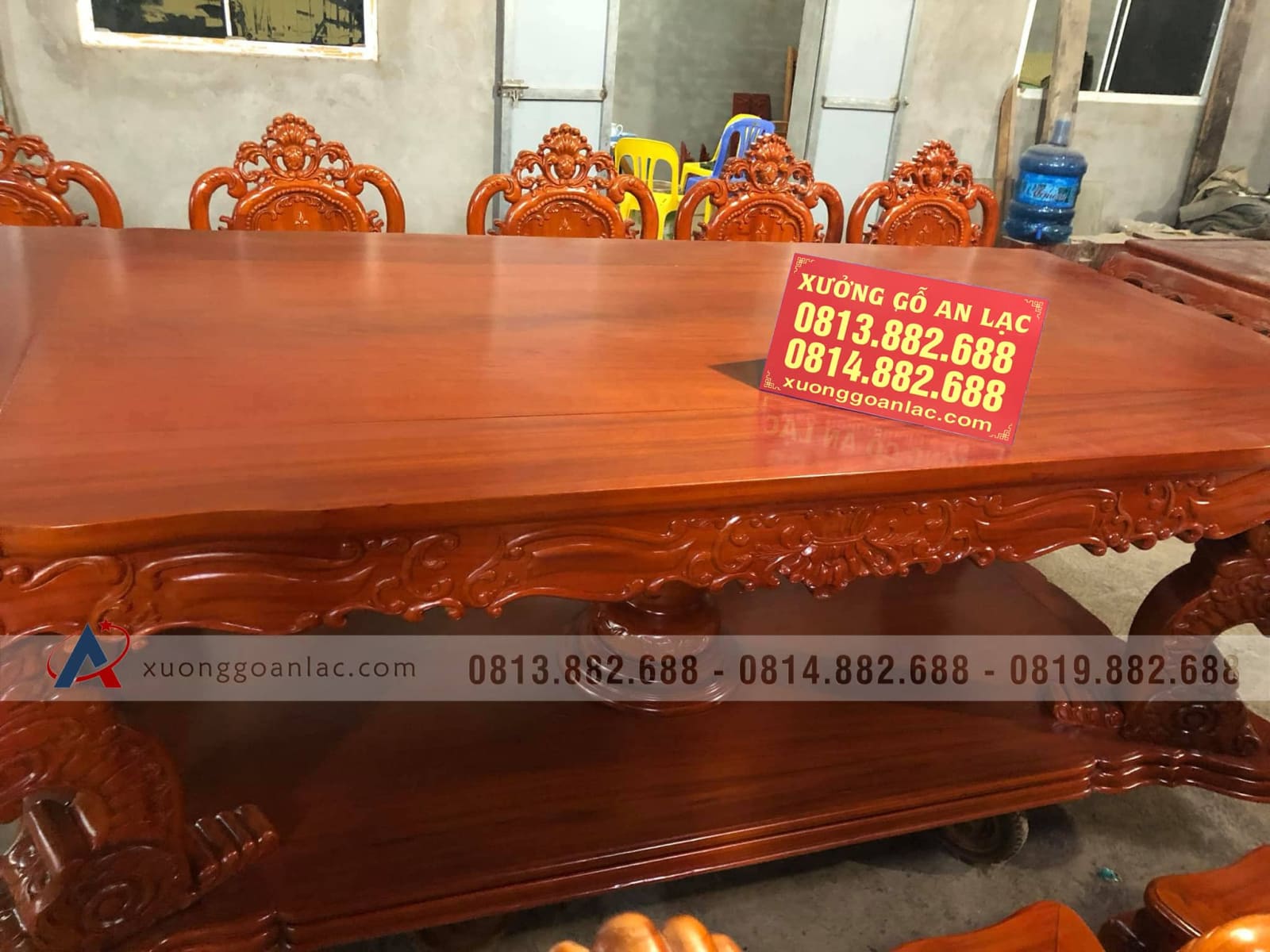 Bộ bàn ăn gỗ gõ đỏ 10 ghế louis hoa hồng đục tay cực đẹp (Anh Công, Tp.Hồ Chí Minh) 21 bàn ăn gỗ gõ đỏ mặt liền