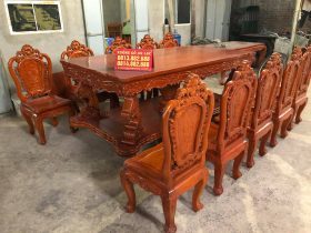 Bộ bàn ăn gỗ gõ đỏ 10 ghế louis hoa hồng