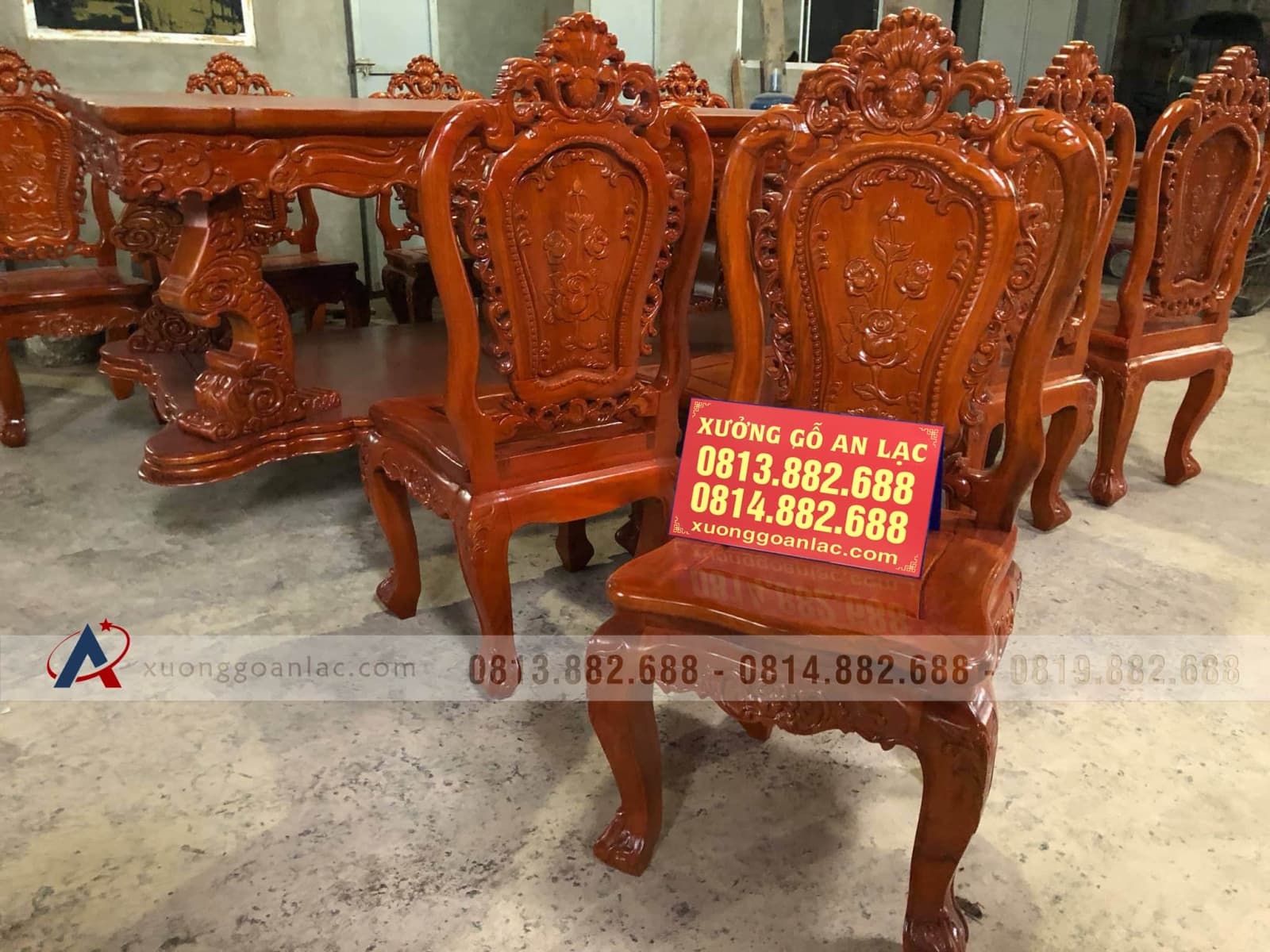 Bộ bàn ăn gỗ gõ đỏ 10 ghế louis hoa hồng đục tay cực đẹp (Anh Công, Tp.Hồ Chí Minh) 24 ghế ăn gỗ gõ đỏ đẹp