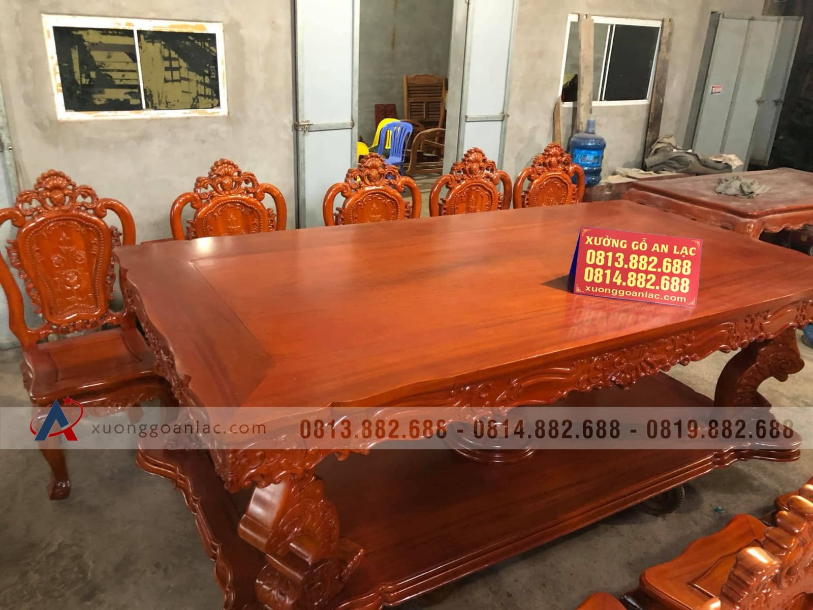 Bộ bàn ăn gỗ gõ đỏ 10 ghế louis hoa hồng đục tay cực đẹp (Anh Công, Tp.Hồ Chí Minh) 23 bàn ăn gỗ gõ đỏ mặt liền tấm