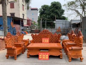 Bộ bàn ghế Louis Hoàng Gia nguyên khối vách trám 8 món gỗ gõ
