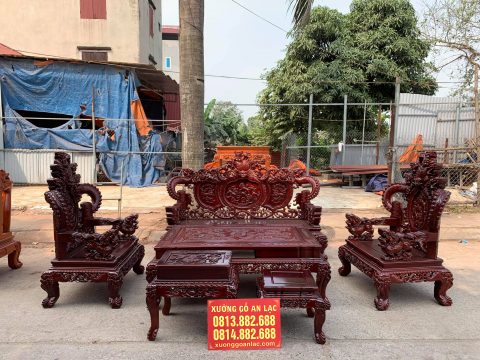 Bộ bàn ghế Rồng đỉnh Nghê ba đầu 6 món gỗ hương đỏ Nam Phi
