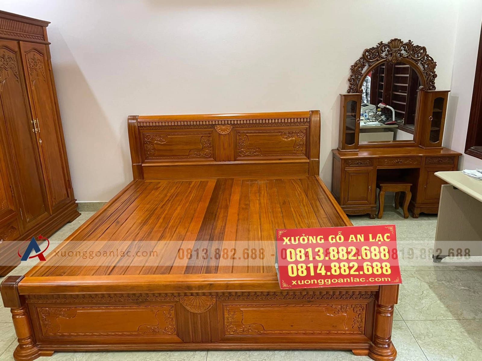 Combo nội thất phòng ngủ gỗ gụ 7 giường gỗ gụ dài 2m6