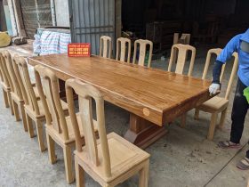 Bàn ăn nguyên khối gỗ gõ đỏ bộ 10 ghế chữ thọ
