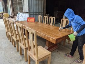Bộ bàn ăn nguyên khối gỗ gõ đỏ bộ 10 ghế chữ thọ (Chị Thoa, Hà Nội) 7 bàn ghế ăn nguyên khối gỗ gõ đỏ