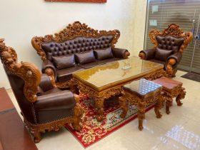 Bàn ghế Hoàng Gia Louis gỗ gõ đỏ bọc đệm da nhập khẩu