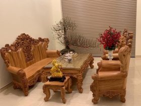 Bộ bàn ghế Hoàng Gia nguyên khối gỗ hương đá đục tay