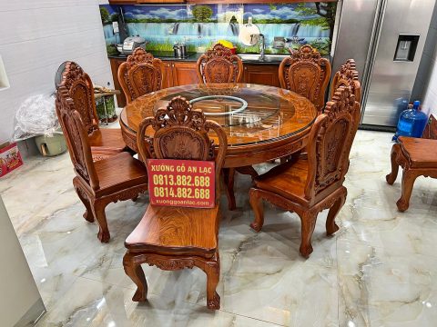 Bộ bàn ăn 9 ghế Louis hoa hồng gỗ hương đá mặt tràn 4cm (Anh Đông, Hải Phòng)