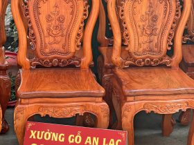 Bộ bàn ăn 9 ghế Louis hoa hồng gỗ hương đá mặt tràn 4cm (Anh Đông, Hải Phòng) 9 Ghế ăn hương đá mẫu hoa hồng sang trọng đục kỹ hai mặt trước sau