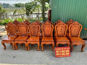 Bộ bàn ăn 9 ghế Louis hoa hồng gỗ hương đá mặt tràn 4cm (Anh Đông, Hải Phòng) 10 ghế ăn louis hoa hồng