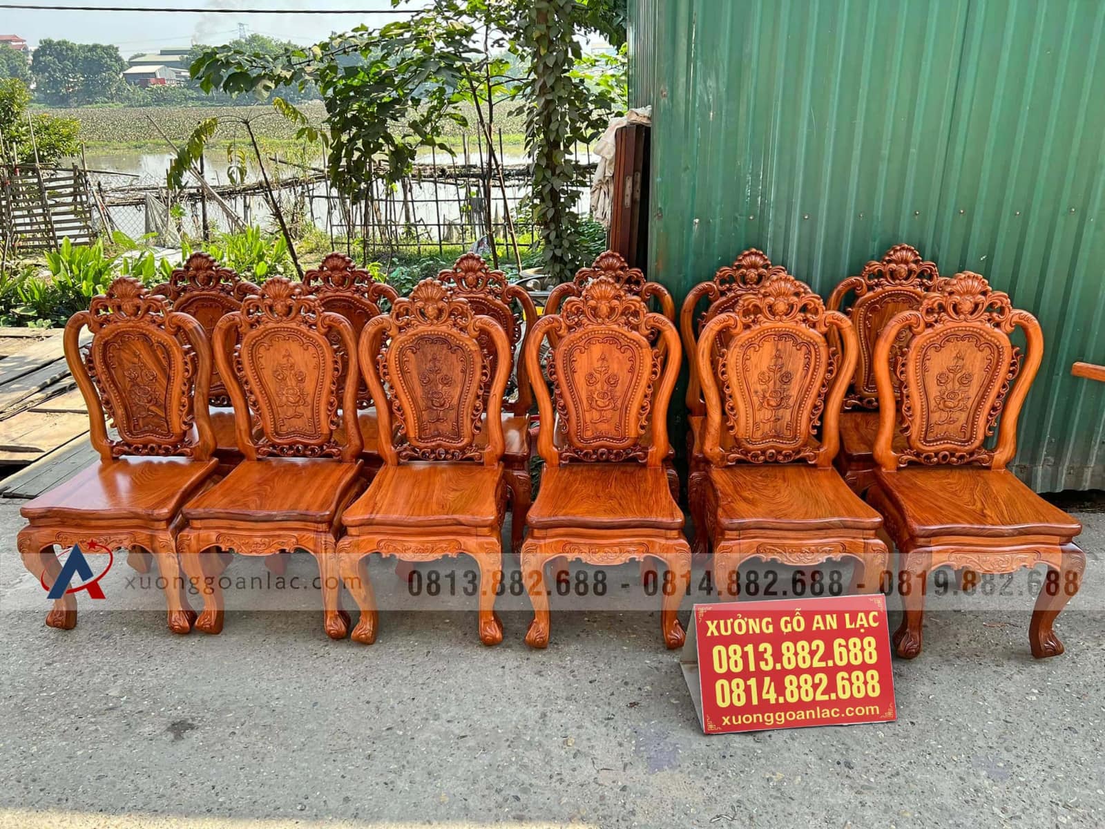 Bộ bàn ăn 9 ghế Louis hoa hồng gỗ hương đá mặt tràn 4cm (Anh Đông, Hải Phòng) 16 ghế ăn louis hoa hồng
