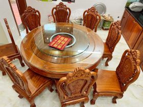 Bộ bàn ăn 9 ghế Louis hoa hồng gỗ hương đá mặt tràn 4cm (Anh Đông, Hải Phòng) 11 bàn ăn tròn gỗ hương đá