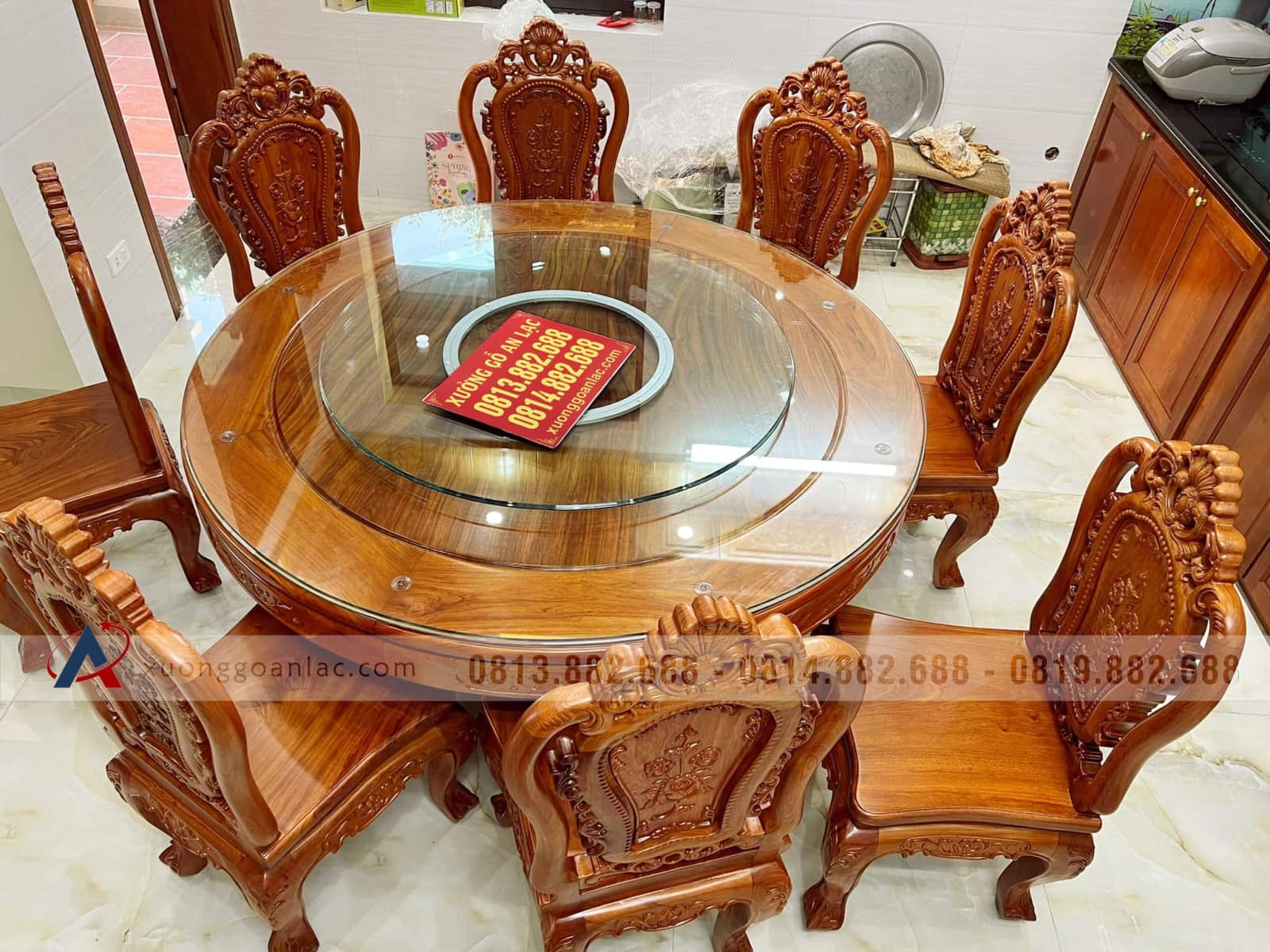 Bộ bàn ăn 9 ghế Louis hoa hồng gỗ hương đá mặt tràn 4cm (Anh Đông, Hải Phòng) 15 bàn ăn tròn gỗ hương đá