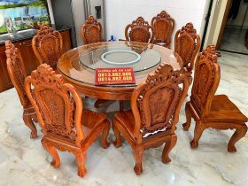 Bộ bàn ăn 9 ghế Louis hoa hồng gỗ hương đá mặt tràn 4cm (Anh Đông, Hải Phòng) 12 Bộ bàn 9 ghế ăn Luois Hoa Hồng gỗ hương đá mặt tràn 4cm