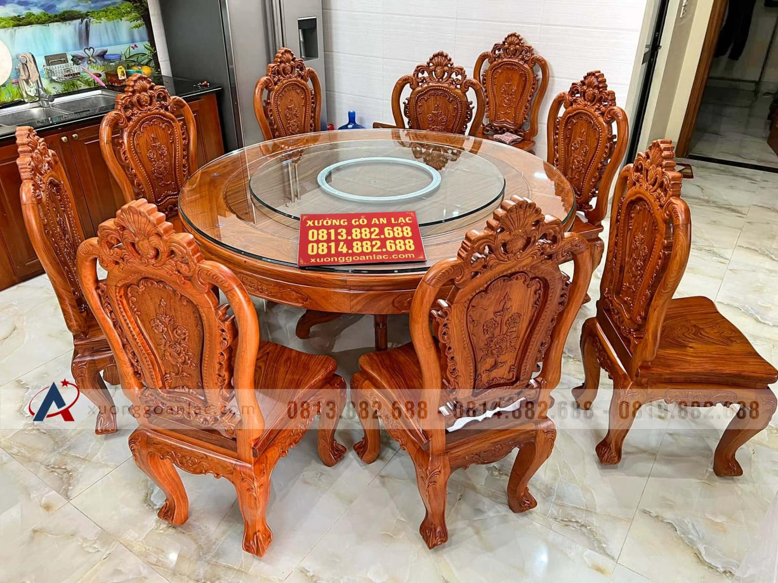 Bộ bàn ăn 9 ghế Louis hoa hồng gỗ hương đá mặt tràn 4cm (Anh Đông, Hải Phòng) 14 Bộ bàn 9 ghế ăn Luois Hoa Hồng gỗ hương đá mặt tràn 4cm