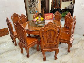 Bộ bàn ăn 9 ghế Louis hoa hồng gỗ hương đá mặt tràn 4cm (Anh Đông, Hải Phòng) 13 bàn ăn tròn ghế hoa hồng gỗ hương đá