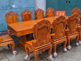 Bộ bàn ăn 10 ghế louis hoàng gia gỗ hương đá hàng thửa vân vip (Chị Hoa, TP. Huế) 15 bàn ghế ăn gỗ hương đá