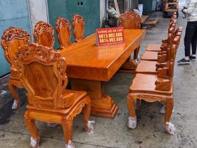 Bộ bàn ăn 10 ghế louis hoàng gia gỗ hương đá hàng thửa vân vip (Chị Hoa, TP. Huế) 25 bàn ghế ăn gỗ hương đá mẫu luis