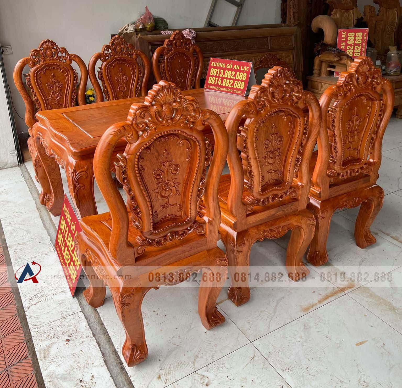 Bộ bàn ăn 6 ghế louis hoa hồng gỗ hương đá hàng vip (anh Hưng, Điện Biên) 6 bàn ăn gỗ hương đá
