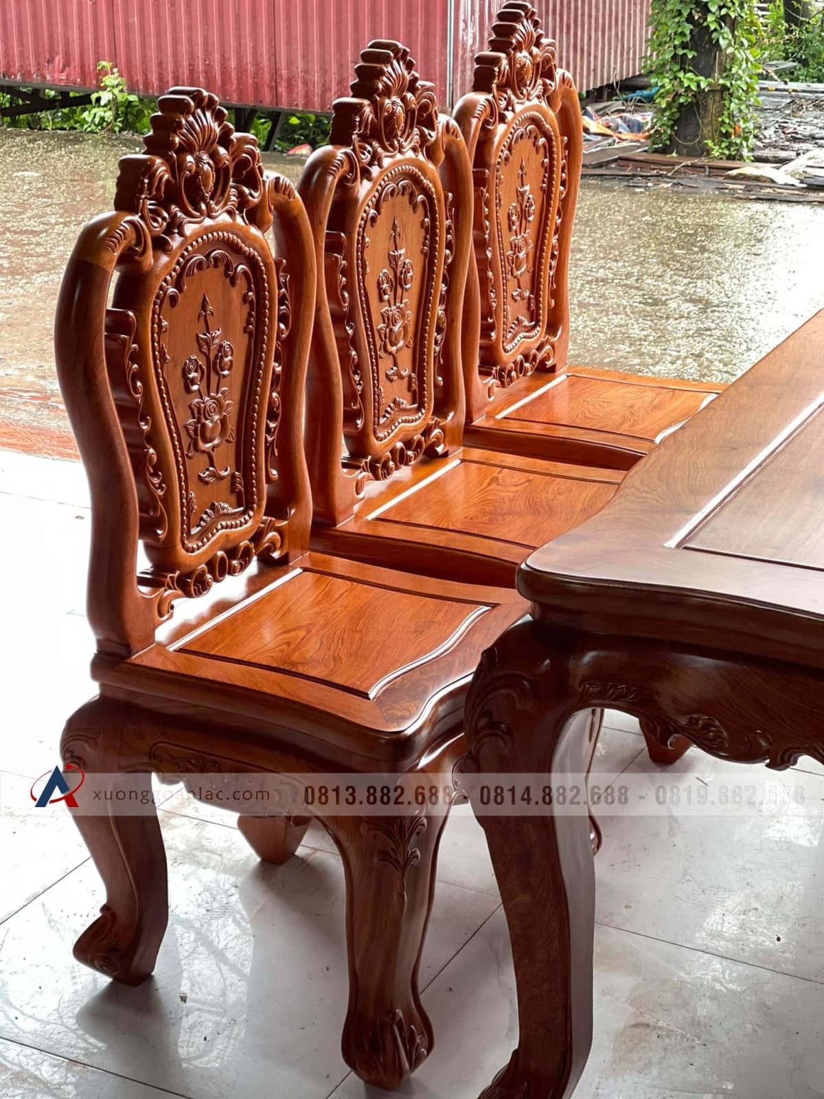 Bộ bàn ăn 6 ghế louis hoa hồng gỗ hương đá hàng vip (anh Hưng, Điện Biên) 19 ghế bàn ăn gỗ hương đá cao cấp