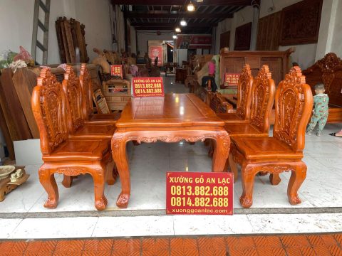 Bộ bàn ăn 6 ghế louis hoa hồng gỗ hương đá hàng vip
