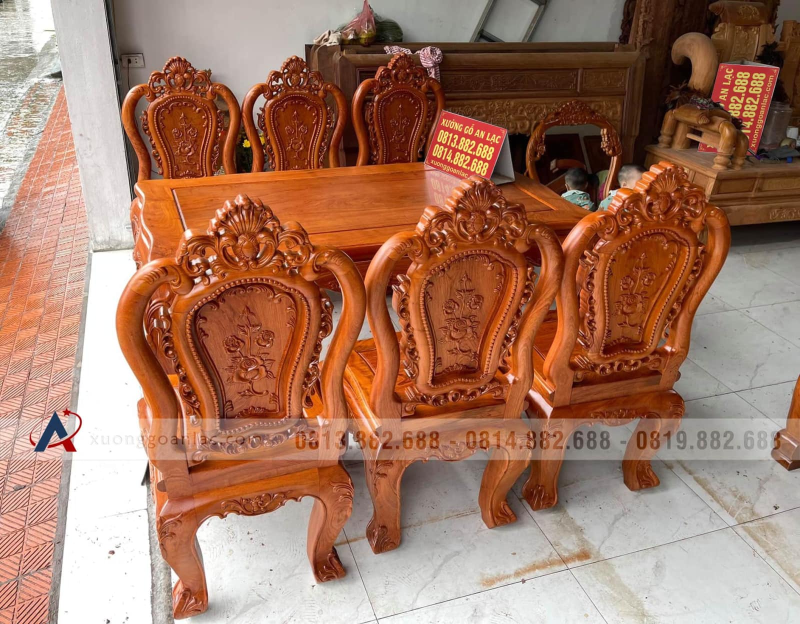Bộ bàn ăn 6 ghế louis hoa hồng gỗ hương đá hàng vip (anh Hưng, Điện Biên) 5 ghế bàn ăn gỗ hương đá đục hai mặt