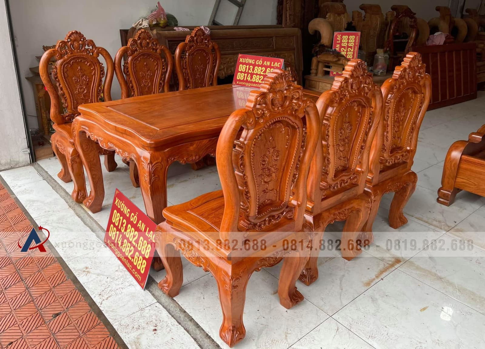 Bộ bàn ăn 6 ghế louis hoa hồng gỗ hương đá hàng vip (anh Hưng, Điện Biên) 18 bàn ghế ăn gỗ hương đá