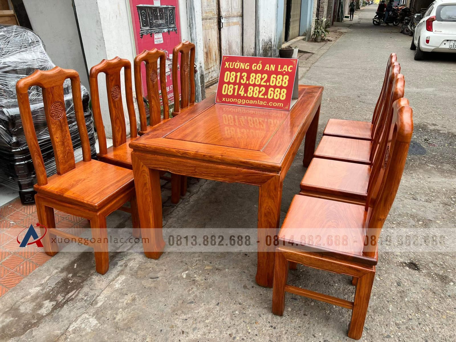 Bộ bàn ăn 8 ghế đục chữ thọ gỗ hương đá hàng dày dặn (Anh Minh, Hà Nội) 10 bàn ghế ăn chữ thọ gỗ hương đá