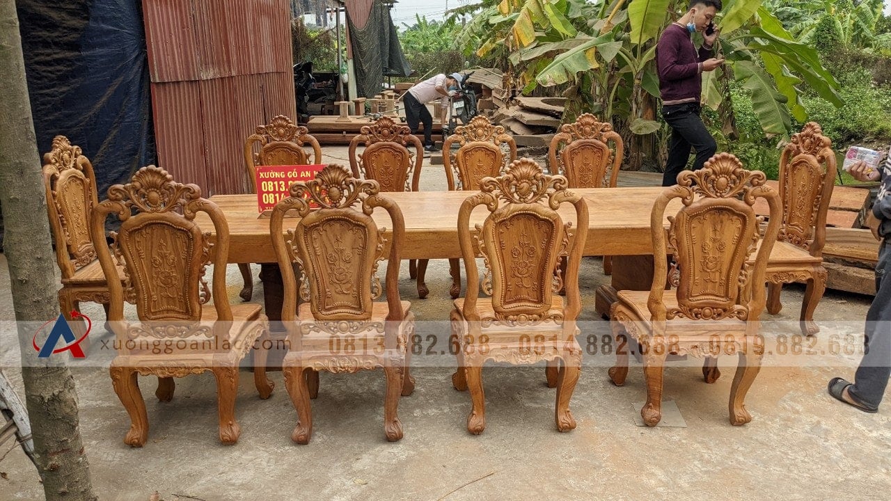 Bộ bàn ăn nguyên khối gỗ gõ đỏ 10 ghế louis hoa hồng (Anh Đức, TP. Hồ Chí Minh) 21 bàn ăn gỗ nguyên khối 10 ghế louis hồng hạt