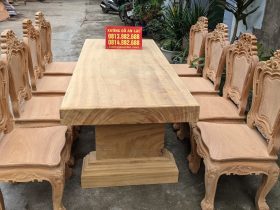 Bộ bàn ăn nguyên khối gỗ gõ đỏ 8 ghế louis hoàng gia mặt tràn