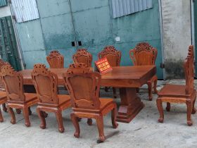 Bộ bàn ăn nguyên khối gỗ hương đá 10 ghế louis hoàng gia mặt tràn (Cô Hương, Hà Tĩnh) 12 bàn ghế ăn nguyên khối gỗ hương đá
