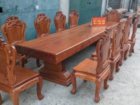 Bộ bàn ăn nguyên khối gỗ hương đá 10 ghế louis hoàng gia mặt tràn