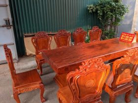 Bộ bàn ăn nguyên khối siêu vân và 10 ghế louis hoàng gia đục 2 mặt (Anh Tuấn, TP Hồ Chí Minh) 11 bàn ghế ăn nguyên khối gỗ hương đá
