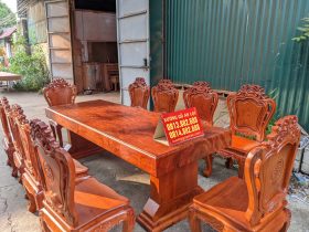 Bộ bàn ăn nguyên khối siêu vân và 10 ghế louis hoàng gia đục 2 mặt