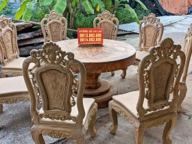 Bộ bàn ăn tròn nguyên khối gỗ gõ đỏ 8 ghế hoa hồng hàng siêu vân (Chị Tiên, Lâm Đồng) 12 Bo ban an tron nguyen khoi go go do 8 ghe hang sieu van 2