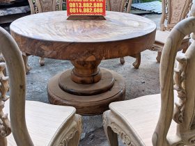 Bộ bàn ăn tròn nguyên khối gỗ gõ đỏ 8 ghế hoa hồng hàng siêu vân (Chị Tiên, Lâm Đồng) 14 bàn ăn tròn gỗ hương nguyên khối