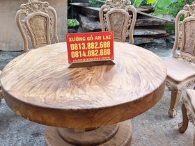 Bộ bàn ăn tròn nguyên khối gỗ gõ đỏ 8 ghế hoa hồng hàng siêu vân (Chị Tiên, Lâm Đồng) 18 bàn ghế nguyên khối gỗ gõ đỏ