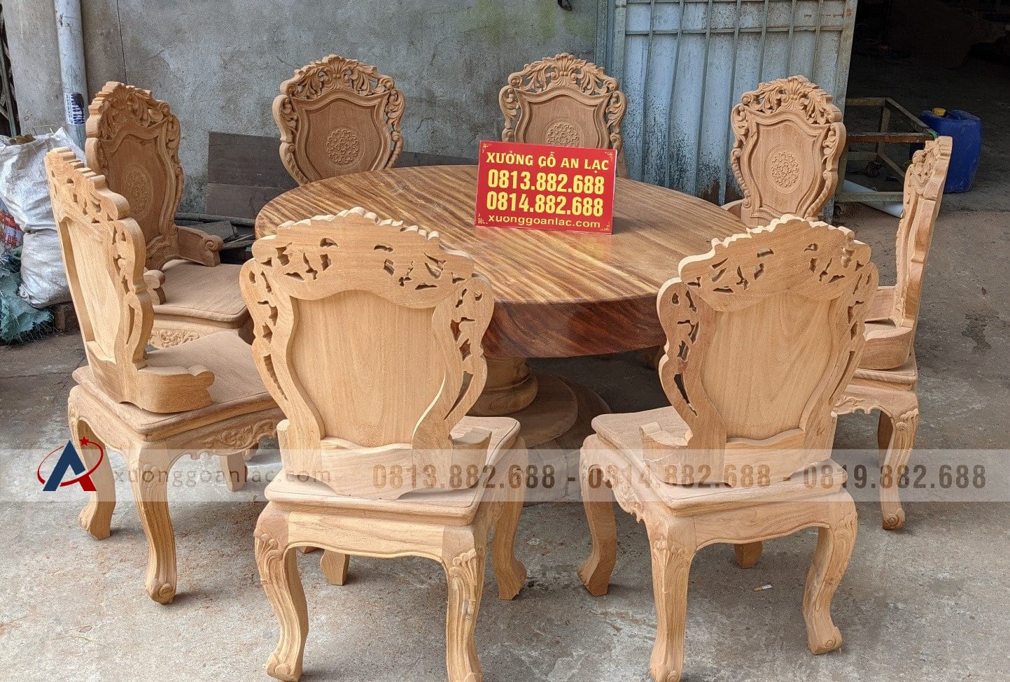 Bộ bàn ăn tròn nguyên khối gỗ gõ đỏ 8 ghế hàng siêu vân (Anh Phi, Thanh Hóa) 17 bàn ăn tròn gỗ nguyên khối