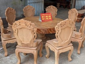 Bộ bàn ăn tròn nguyên khối gỗ gõ đỏ 8 ghế hàng siêu vân (Anh Phi, Thanh Hóa) 12 bàn ghế ăn gỗ nguyên khối