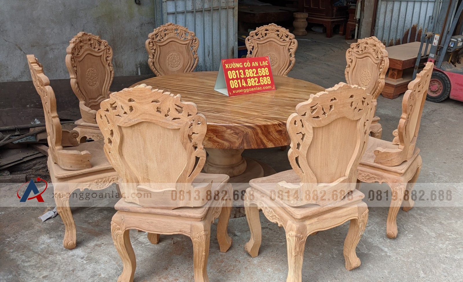 Bộ bàn ăn tròn nguyên khối gỗ gõ đỏ 8 ghế hàng siêu vân (Anh Phi, Thanh Hóa) 6 bàn ghế ăn gỗ nguyên khối