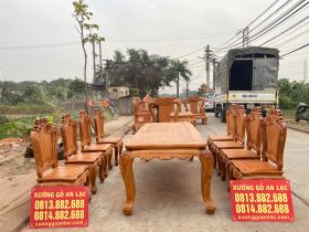 Combo bàn ghế Minh Quốc Voi 10 món và bàn ăn 8 ghế hoa lá tây gỗ gõ đỏ (Anh Hoàng, Hà Nội) 15 bộ bàn ăn 8 ghế gõ đỏ đục hoa lá tây