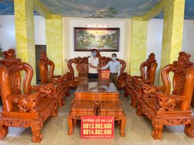 Bộ bàn ghế Nghê đỉnh 10 món tay cột 14 gỗ hương đá