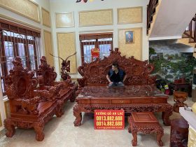 Bộ bàn ghế Rồng Đỉnh gỗ hương đá 6 món tay 16 liền khối