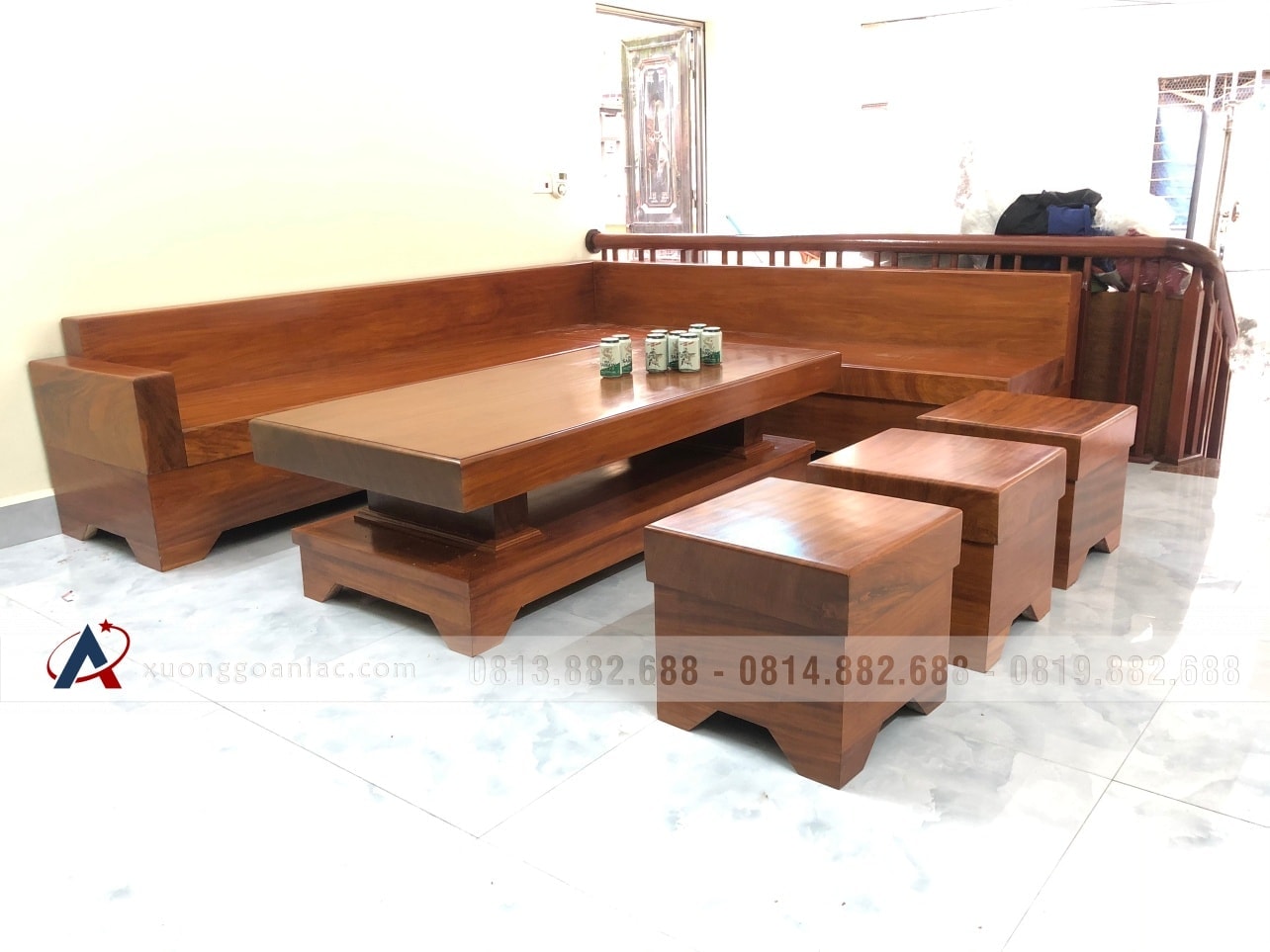 Combo bộ sofa góc và kệ tivi 2 tầng gỗ gõ đỏ nguyên khối (anh Bảo, Tiền Giang) 3 sofa góc chữ L nguyên khối gỗ gõ đỏ