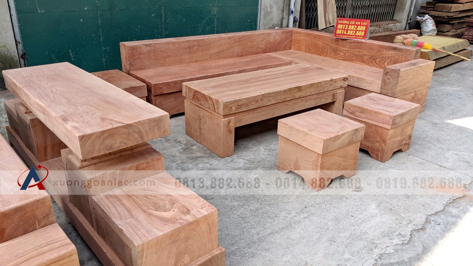 Combo bộ sofa góc và kệ tivi nguyên khối gỗ hương đá (anh Tiệp, Hà Nội) 22 Sofa nguyên khối hai băng gỗ hương đá