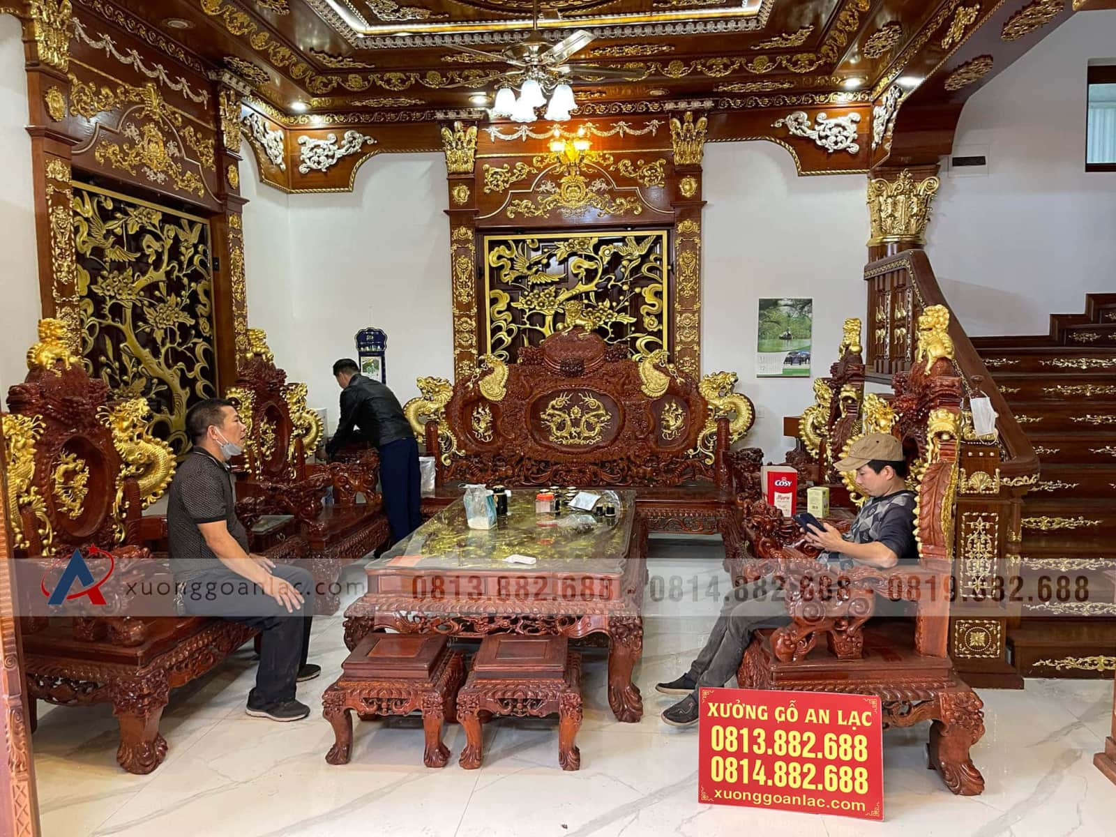 Combo nội thất gỗ cho biệt thự siêu khủng của gia đình anh Thân (Hưng Yên) 23 bộ bàn ghế rồng đỉnh gỗ hương đỏ