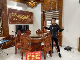 Combo nội thất gỗ cho biệt thự siêu khủng của gia đình anh Thân (Hưng Yên) 20 Bộ bàn ăn tròn 8 ghế gỗ hương đá đục tay mẫu hồng hạc