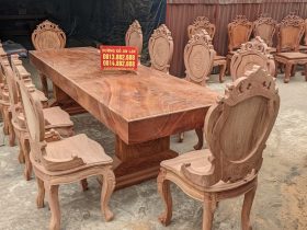 Bộ bàn ăn nguyên khối gỗ hương đá 10 ghế louis hoàng gia tân cổ điển siêu vip (Anh Mến, Hà Nam)