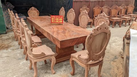 Bộ bàn ăn nguyên khối gỗ hương đá 10 ghế louis hoàng gia tân cổ điển siêu vip (Anh Mến, Hà Nam)