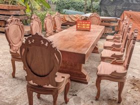 Bộ bàn ăn nguyên khối gỗ hương đá 10 ghế louis hoàng gia tân cổ điển siêu vip (Anh Mến, Hà Nam) 15 bàn ghế ăn hoàng gia gỗ hương đá